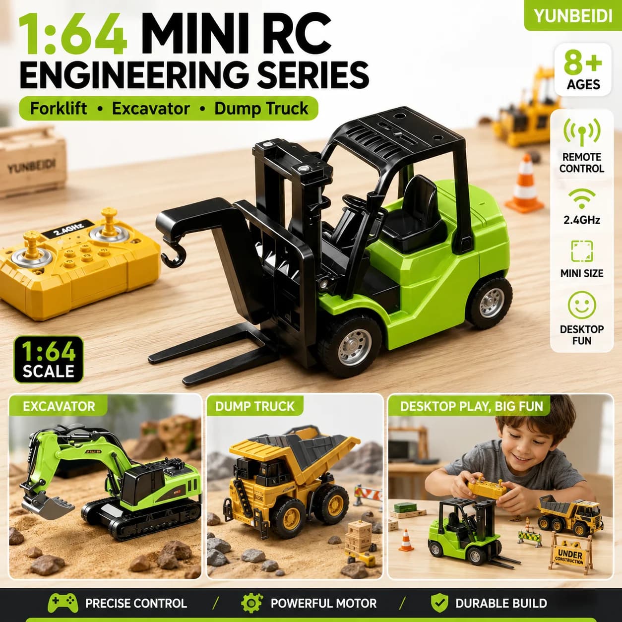 1:64 Mini Remote Control Alloy Excavator Truck Forklift with Trailer Worktop Bluetooth 2.4GHz RC Car Child's Toy Holiday Gifts