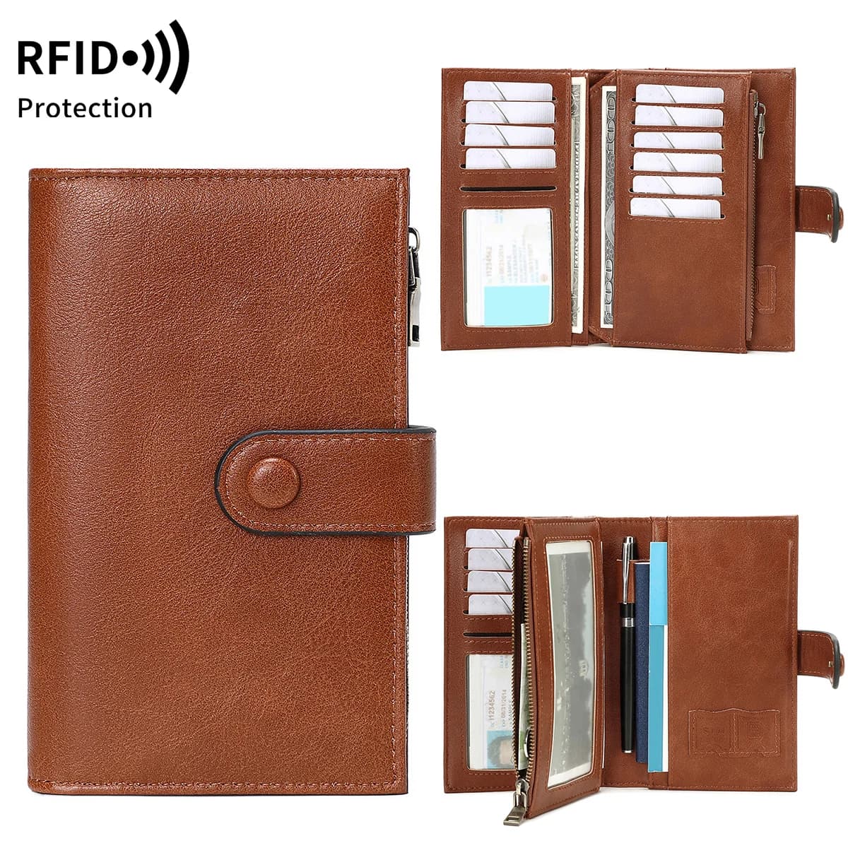 Portafogli da donna Portafoglio con pochette a tre ante in pelle PU con blocco RFID Porta carte di credito Portafoglio da viaggio da donna con portapenne