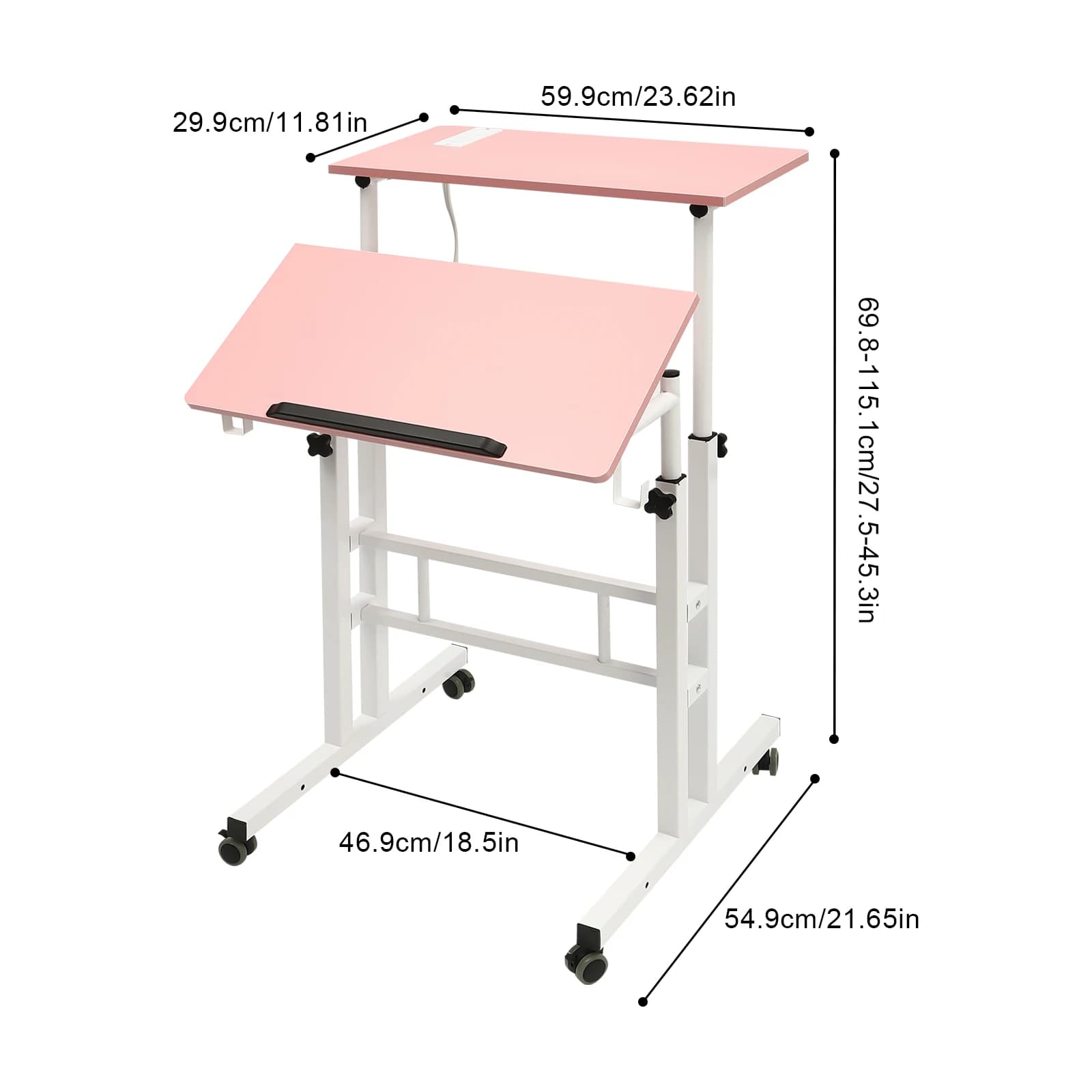 Scrivania mobile in piedi, piccola scrivania in piedi regolabile con ruote, postazione di lavoro per ufficio domestico, carrello per laptop con scrivania portatile rosa