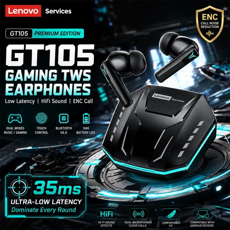 Choice New Lenovo GT105 Wireless Bluetooth Earphone ANC Noise Reduction HiFi Music Bluetooth Headphone Gaming Headset for Men