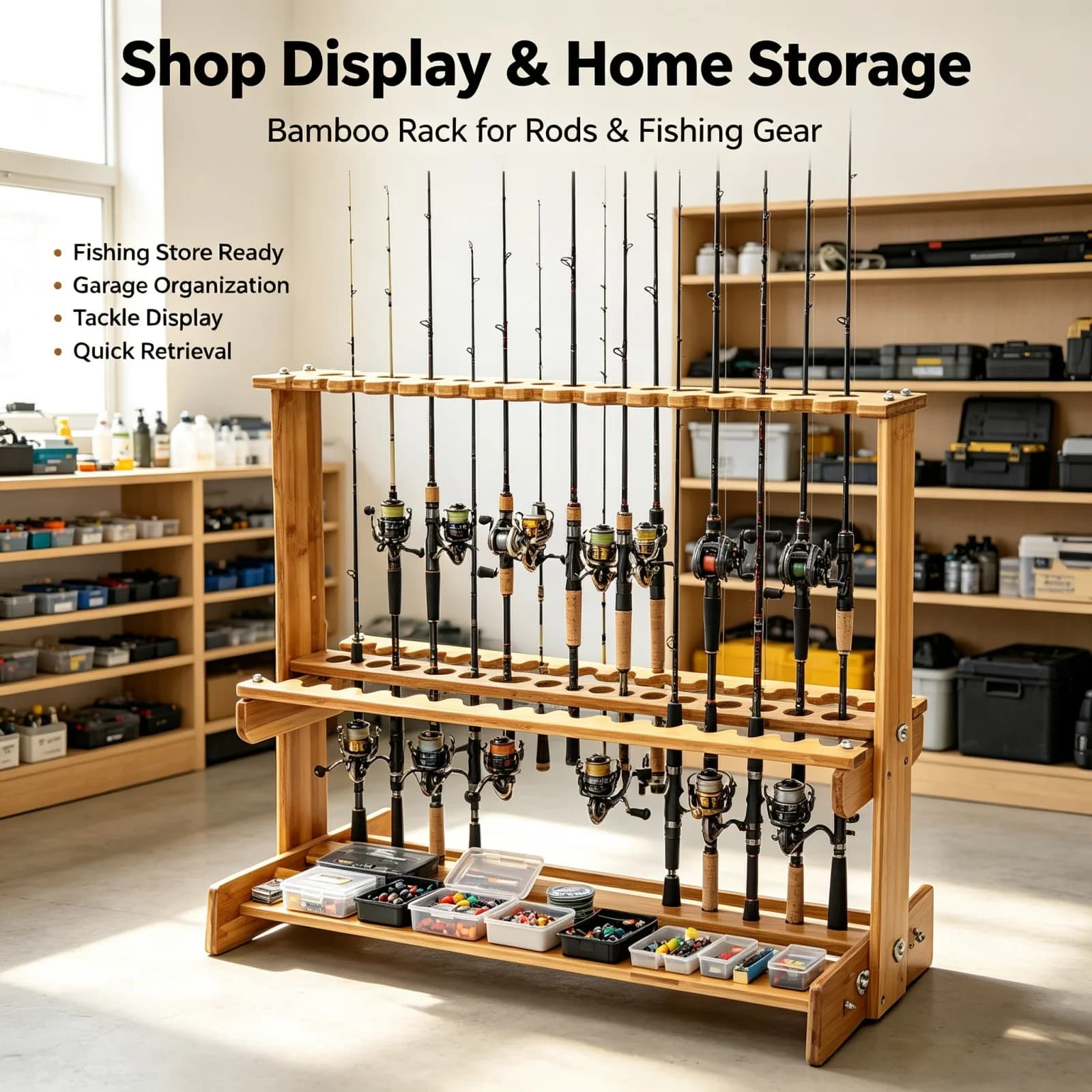 Bamboo Fishing Rod Rack Circular Openings Freestanding Rod Display Rack Storage Furniture Natural Wood Finish Sturdy Base