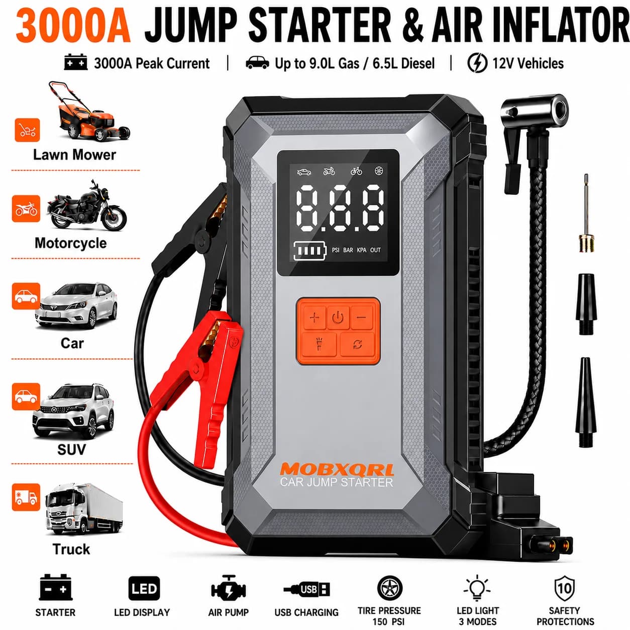 MOBXQRL Car Jump Starter 3000A Peak 12V Car Battery Jump Starter, 150PSI Digital Tire Air Compressor Inflator, Car Electronic Accessories All-in-One Portable Car Battery Starter with Fast Charge USB Port, Jump starter car LED Flashlight