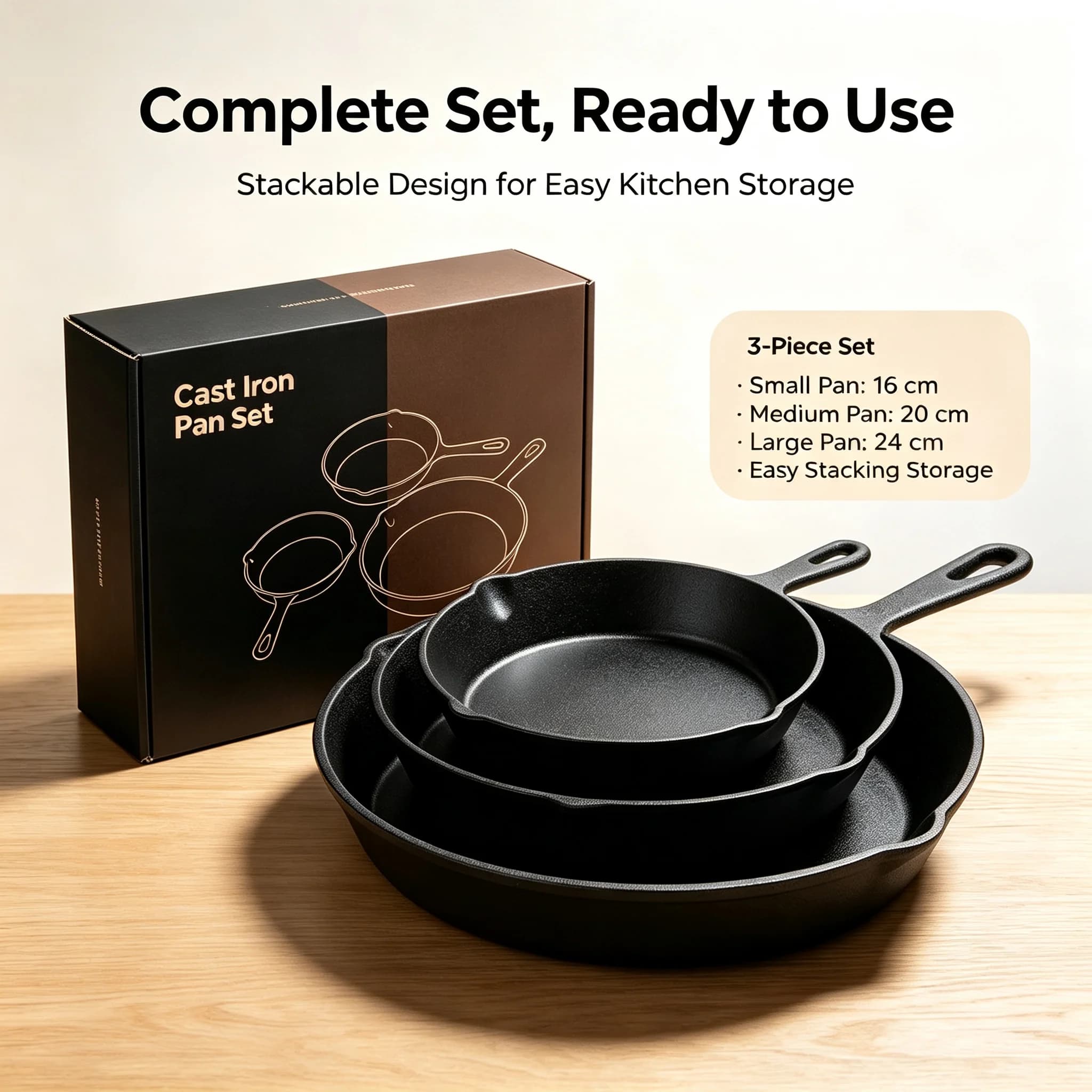 3-Piece Pre-Seasoned Cast Iron Skillet Set, 6/8/10 Inch Frying Pans, Nonstick & Oven Safe for Cooking, Grilling & Camping