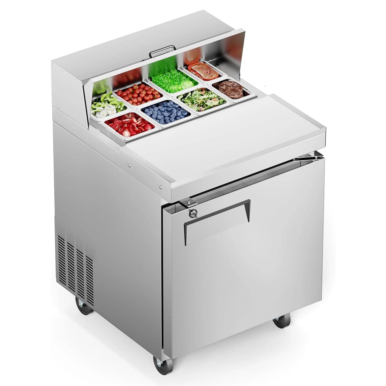 ETL & NSF Certified 27" W 1 Door 11.6 Cu.Ft Commercial Sandwich Salad Pizza Prep Table Refrigerator,Stainless Steel Food Prep Station Fridge,Condiment Cooler with Cutting Board, 1 Shelves 8 Pans