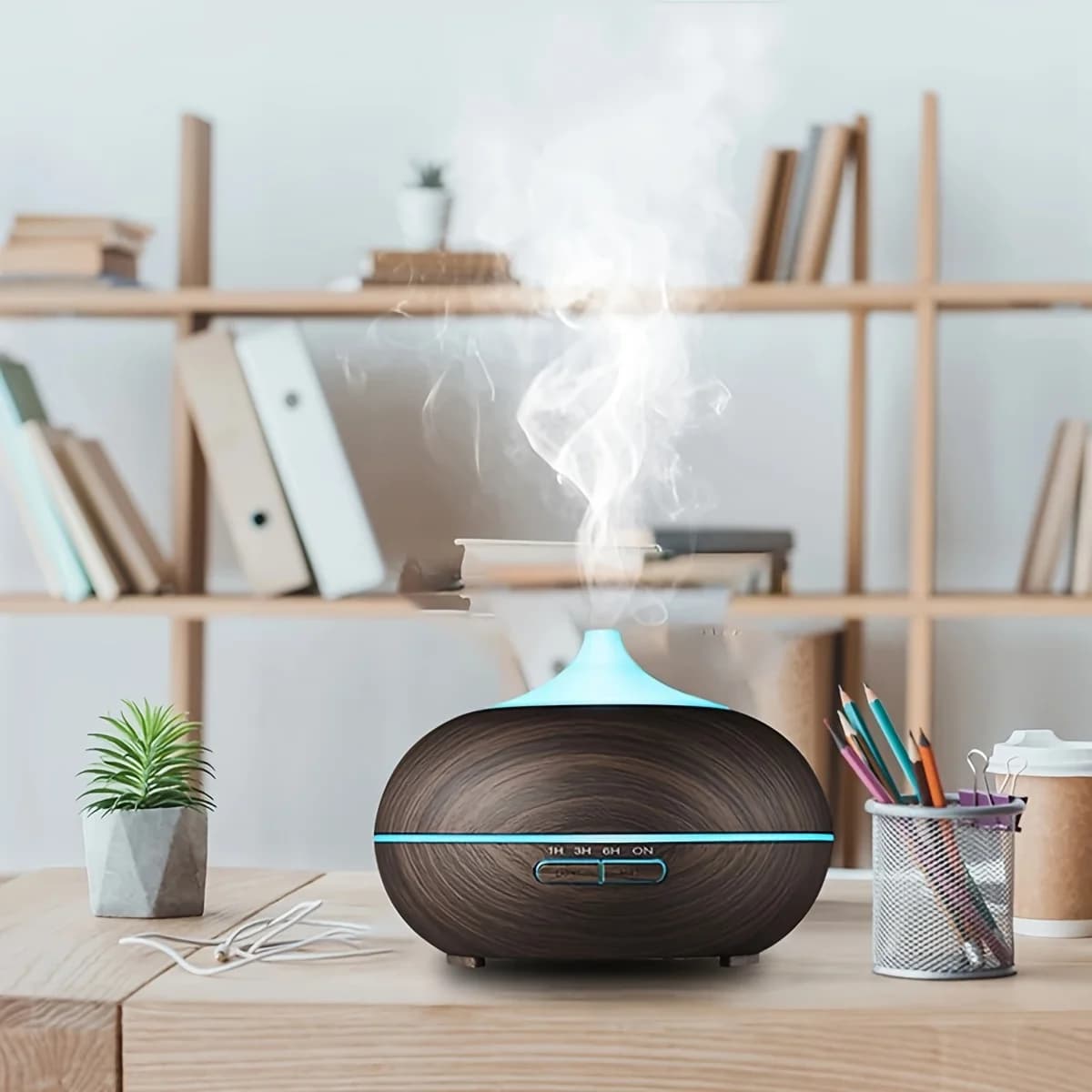 Umidificatore d'aria diffusore di venature del legno con controllo remoto spegnimento automatico alimentato tramite USB include 2 oli essenziali per la camera da letto di casa