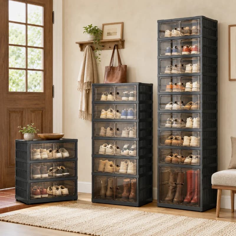 Foldable Shoe Storage Cabinet with Magnetic Clear Doors, 3/6/9-Tier Stackable Shoe Organizer for Entryway, Closet & Bedroom, Space-Saving Collapsible Sneaker Storage Rack with Wheels, Standard & Tall Compartments, Black