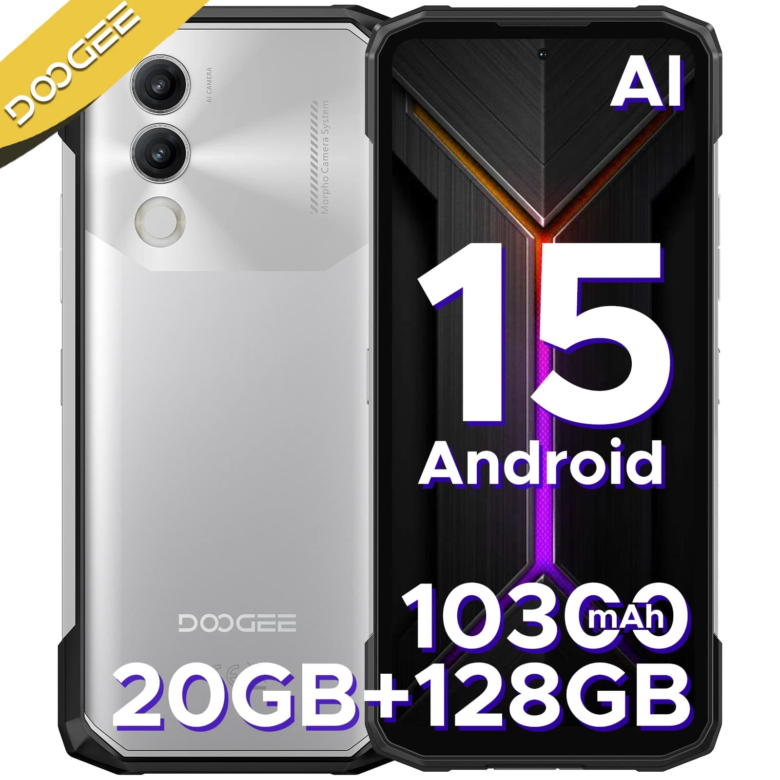 DOOGEE Blade20 Telefono Rugged con Schermo da 6.6'', Batteria da 10300mAh, 20GB(4+16)+128GB, Android 15, Fotocamera AI da 16MP, AI Gemini, NFC Smartphone