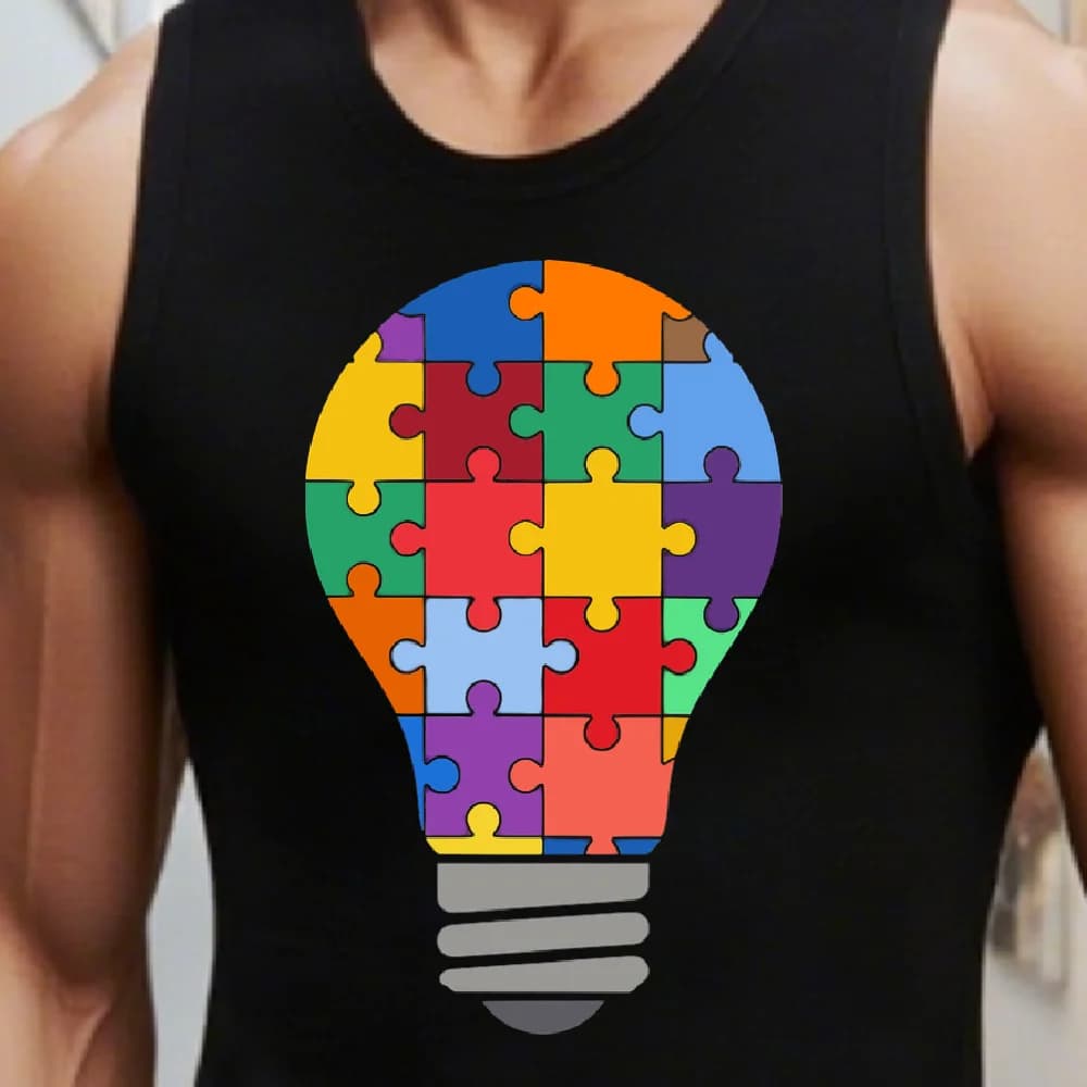 Canotte grafiche estive T-shirt da palestra da uomo con stampa puzzle a bulbo Camicia resistente senza maniche Canotta vibrante per allenamento