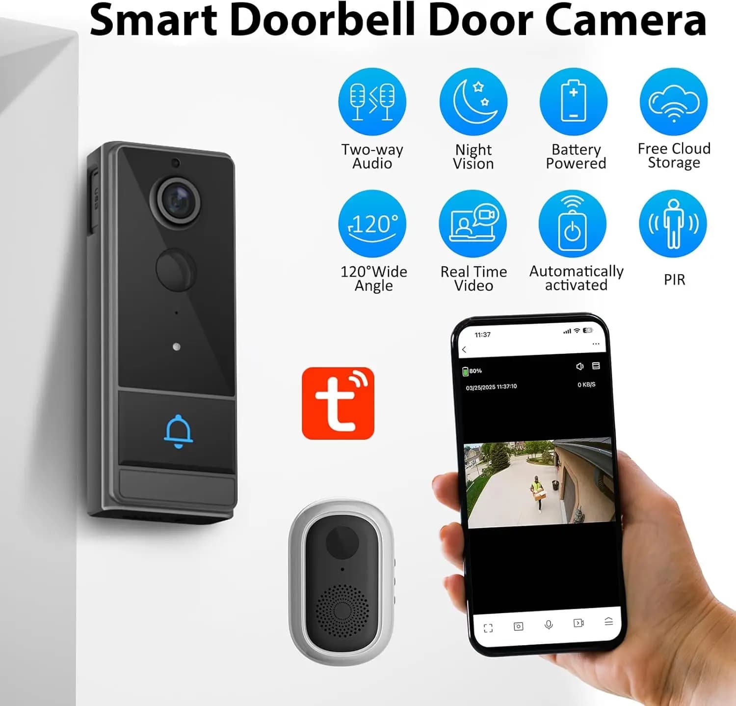 XBIBI Smart Video Doorbell Camera, Two-Way Audio - PIR Motion Detection - IP66 Waterproof - Anti-Theft Alarm - Night Vision - 2.4GHz Wi-Fi -APP Control ,WiFi Doorbell, SD Card/Cloud Storage,