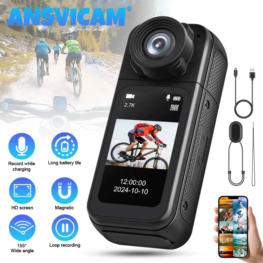 ANSVICAM 2.7K WiFi Mini Body Camera 1.47 Inch IPS Screen Thumb Action Camera 180°Rotating Lens Portable Video Recorder for Sport