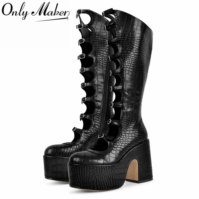 Onlymaker Sandali Stivali da Donna con Punta Rotonda, Plateau, Motivo a Pietra, Cinturini con Fibbia, Alti fino al Ginocchio, con Ritagli e Cerniera Laterale