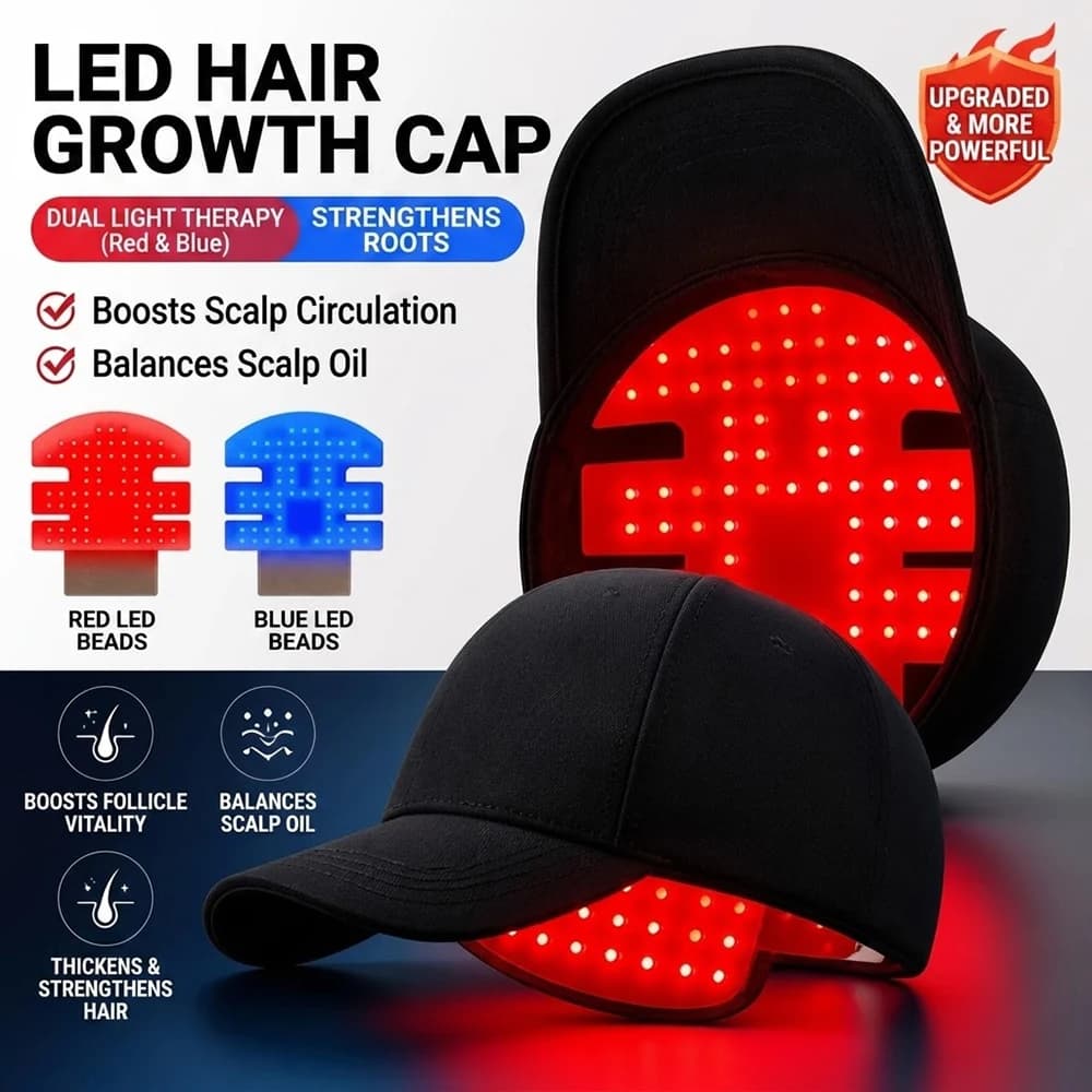 Cappello LED per la Crescita dei Capelli con Terapia a Luce Rossa e Blu, Dispositivo per la Cura del Cuoio Capelluto, 4 Modalità, Ricaricabile, per l'Infoltimento dei Capelli
