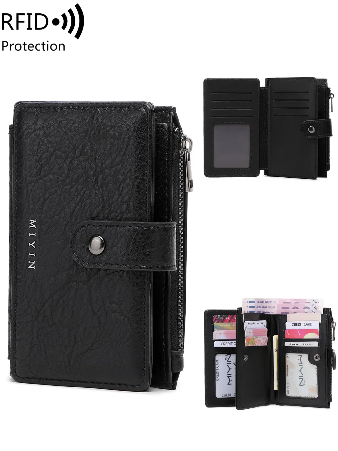 Portafoglio piccolo da donna con schermatura RFID Porta carte bifold con cerniera Portamonete corto con pochette multifunzionale in tinta unita con finestra identificativa