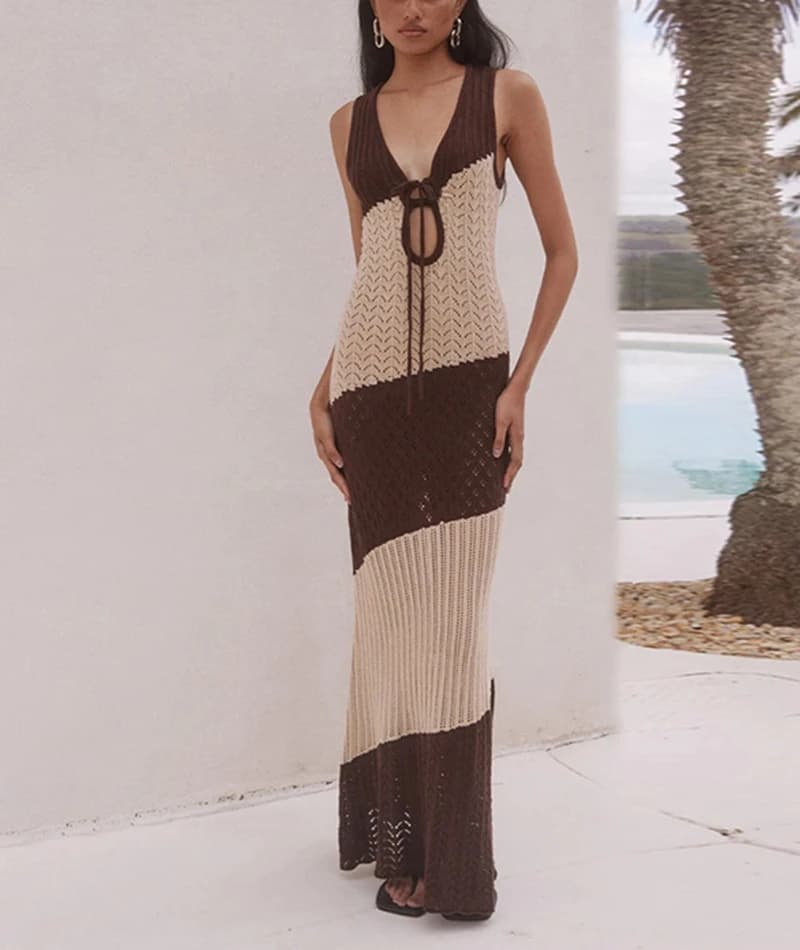 Abito Lungo Lavorato a Maglia con Scollo a V Profondo Senza Maniche da Donna, Copricostume da Spiaggia Sexy con Lavorazione all'Uncinetto, Vestito Copribikini