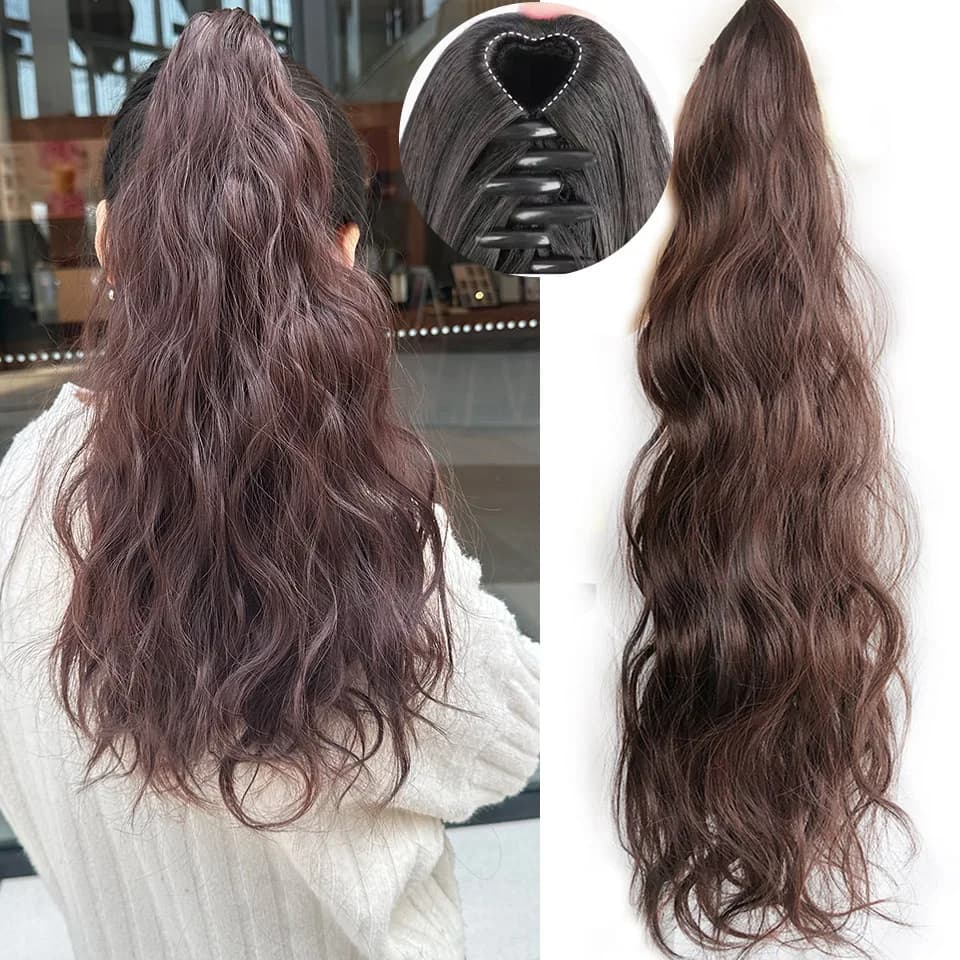 Long water curl in horsetail hair extensions Heat resistant 18 inch for women Natural black chocolate Light Brown