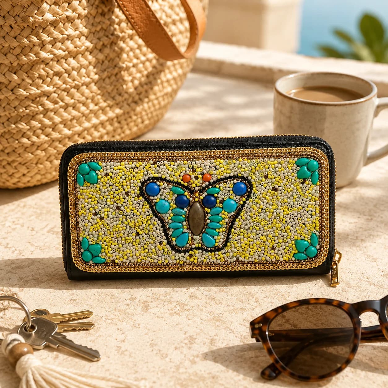 Butterfly Yellow Main Color Three-Dimensional Butterfly Pattern Four-corner Green Small Flowers Handmade Seed Bead Embroidery