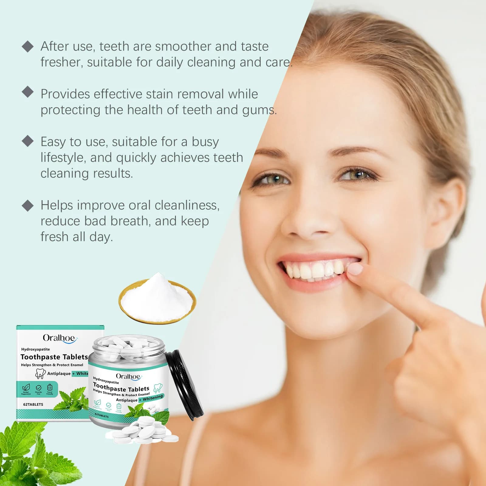 Oralhoe 62 pcs Menta Dentifricio Tablet Alito Fresco Neckline Anti Cavity Tooth Whitening Remove Plaque Macchie Oral Pulite Tablets