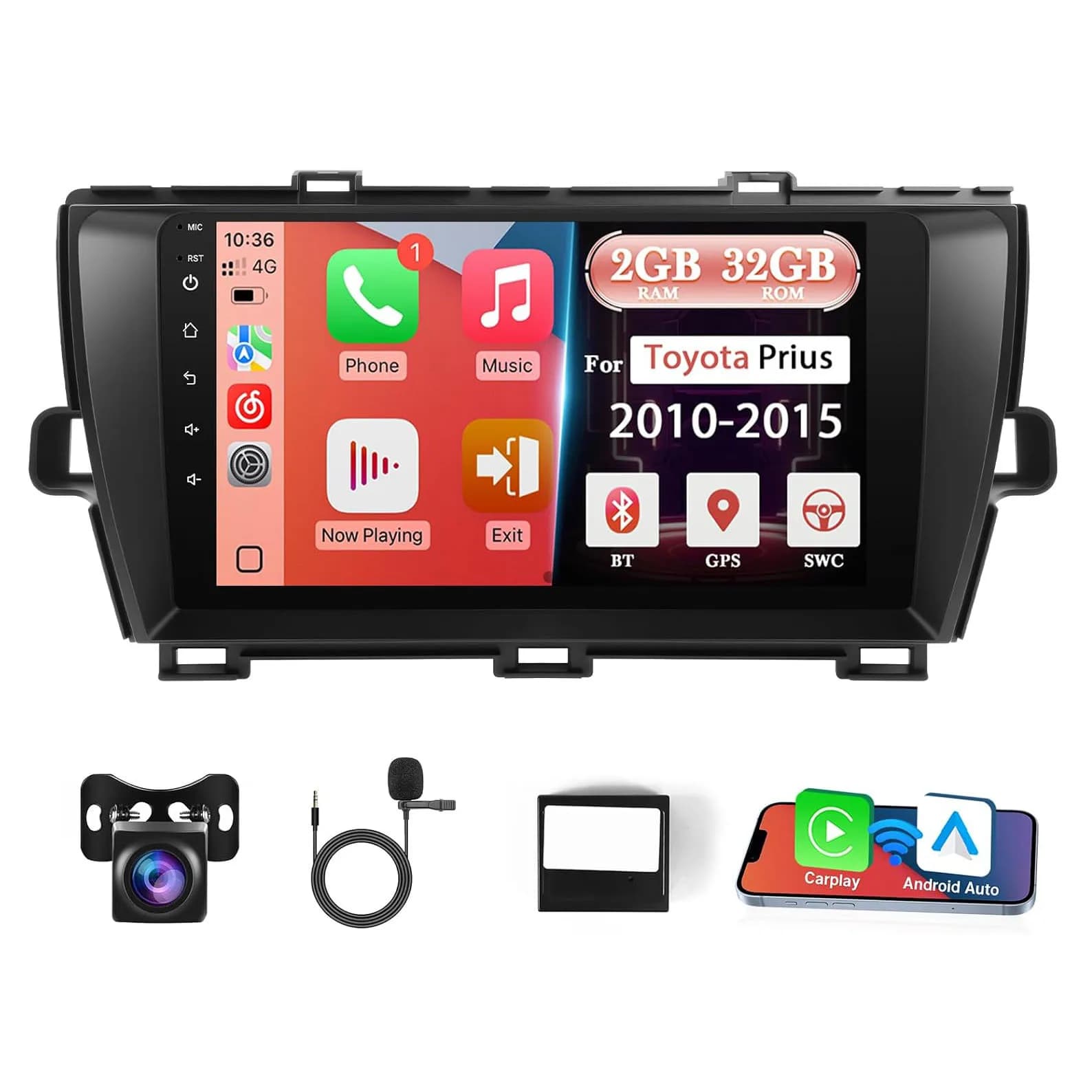 Stereo touchscreen da 9 pollici per Prius con supporto Carplay wireless, Android Auto, GPS, Bluetooth, WiFi 5G, FM, SWC + telecamera posteriore (compatibile con J.B)
