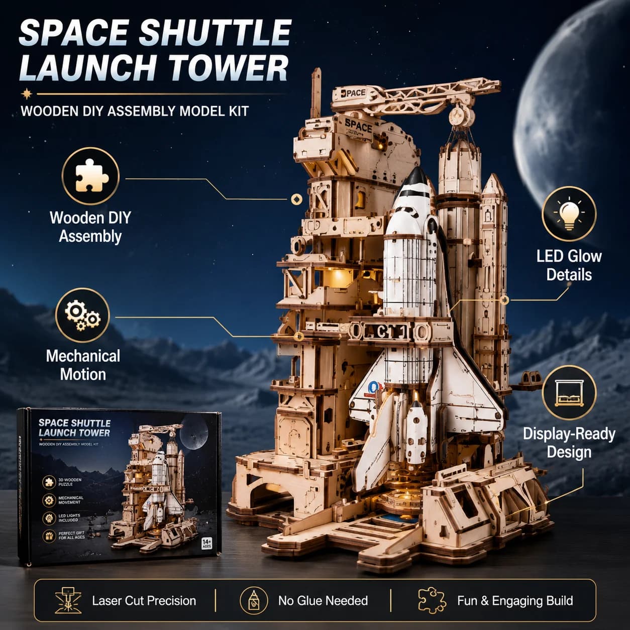Kit Modello 3D in Legno ROKR di Navetta Spaziale, Puzzle Meccanico Fai-da-Te, Regalo Creativo STEM per Amanti dello Spazio e Bambini