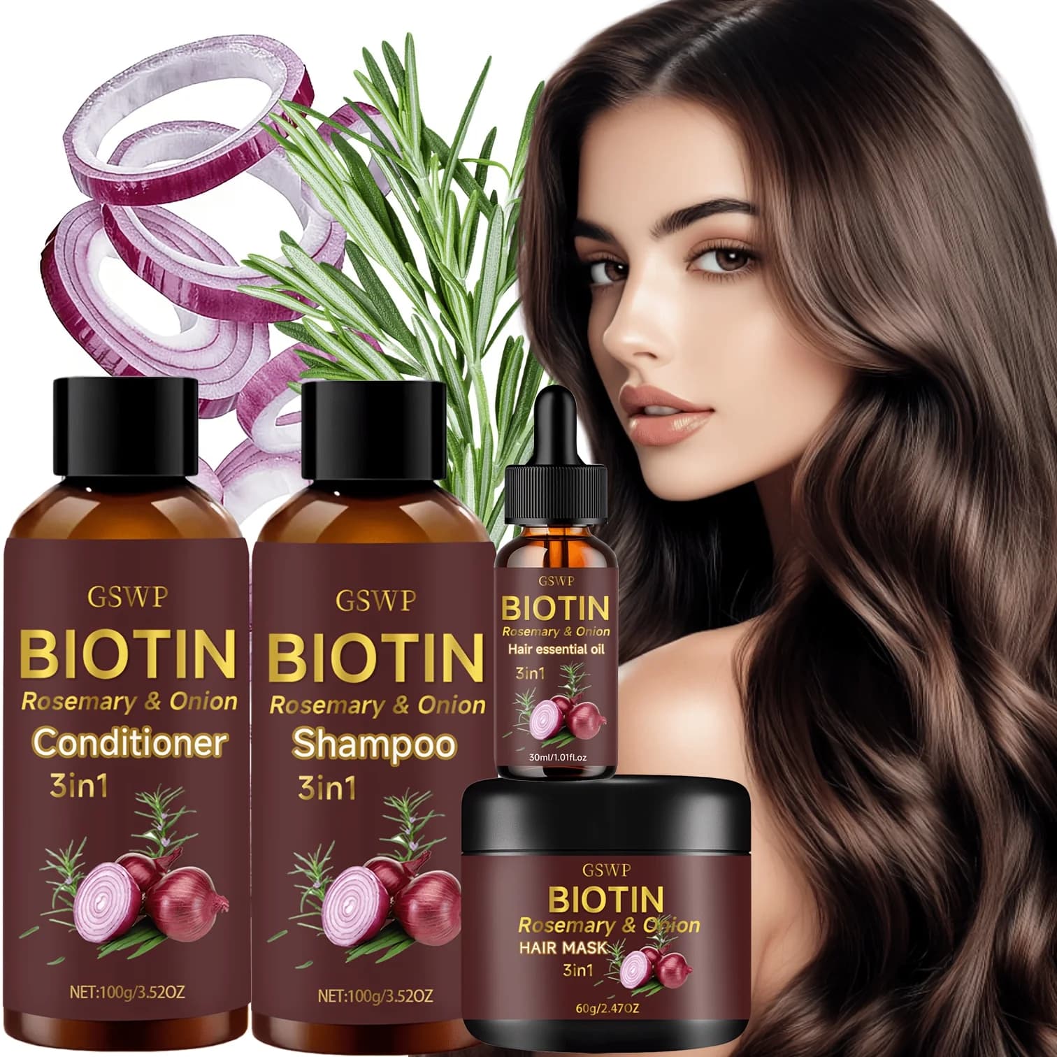 GSWP Onion Biotin Hair Care Set da 4 pezzi, arricchito con biotina, olio di rosmarino, detergente in profondità, idratante e levigante.