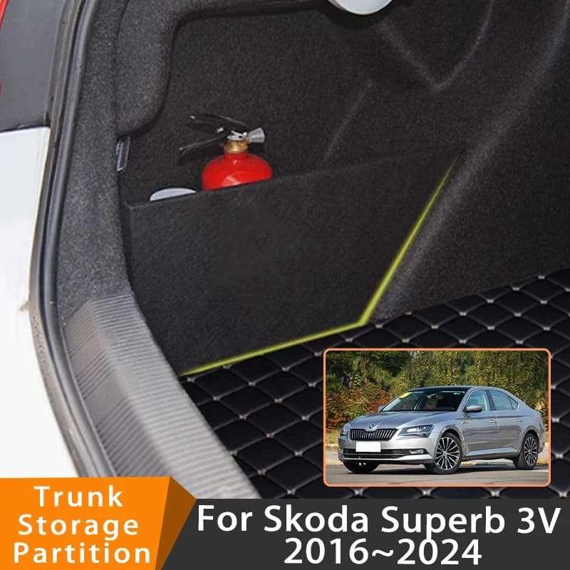Accessori auto per Skoda Superb 3V 2016 ~ 2024 2017 Organizzatore per auto Tronco Partizione laterale Tronco Scatola portaoggetti interna Parti interne