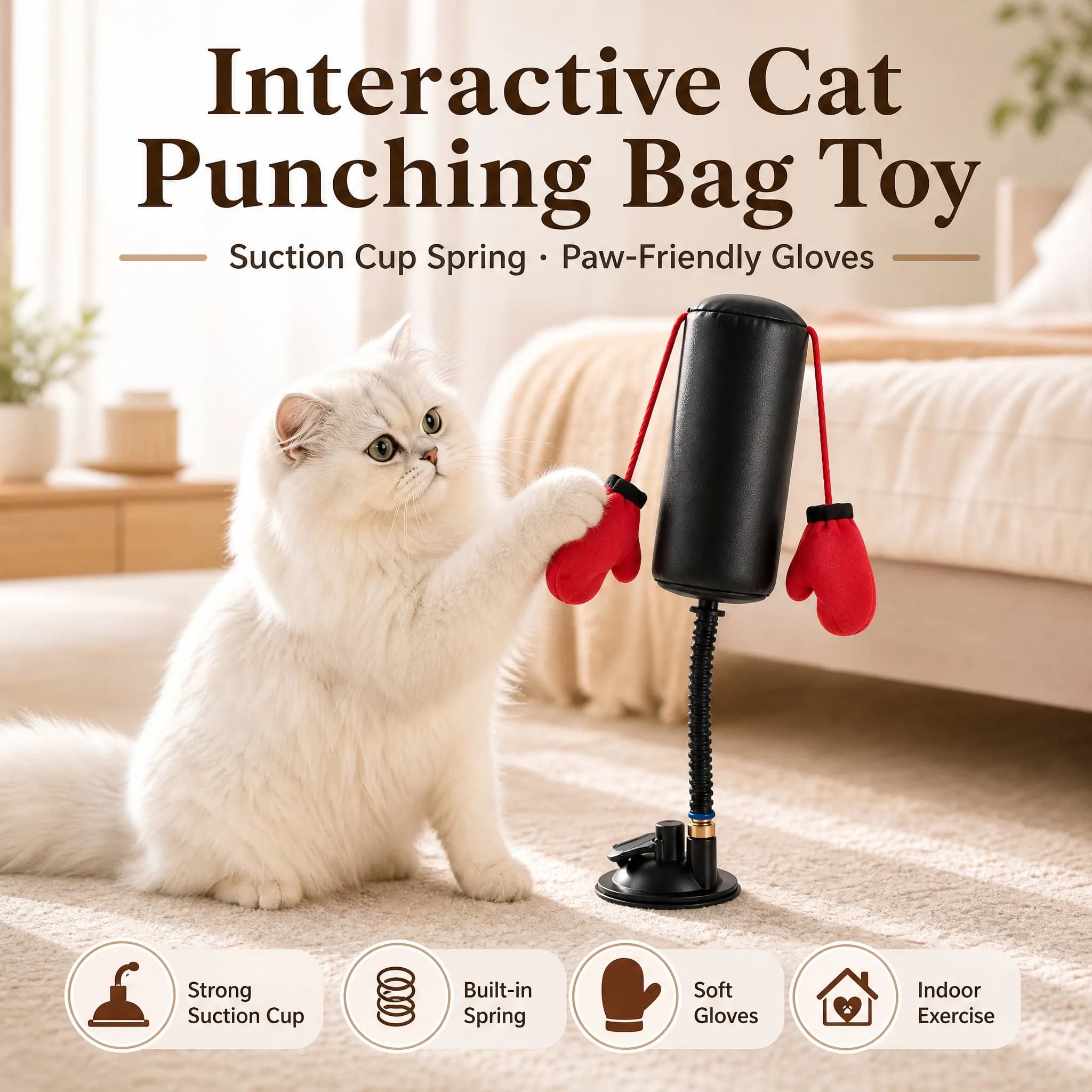 Paw Punch Cat Boxing Toy Cat Punching Bag with Boxing Gloves-Interactive Exercise Toy Indoor Play Durable Suction Cup Activity