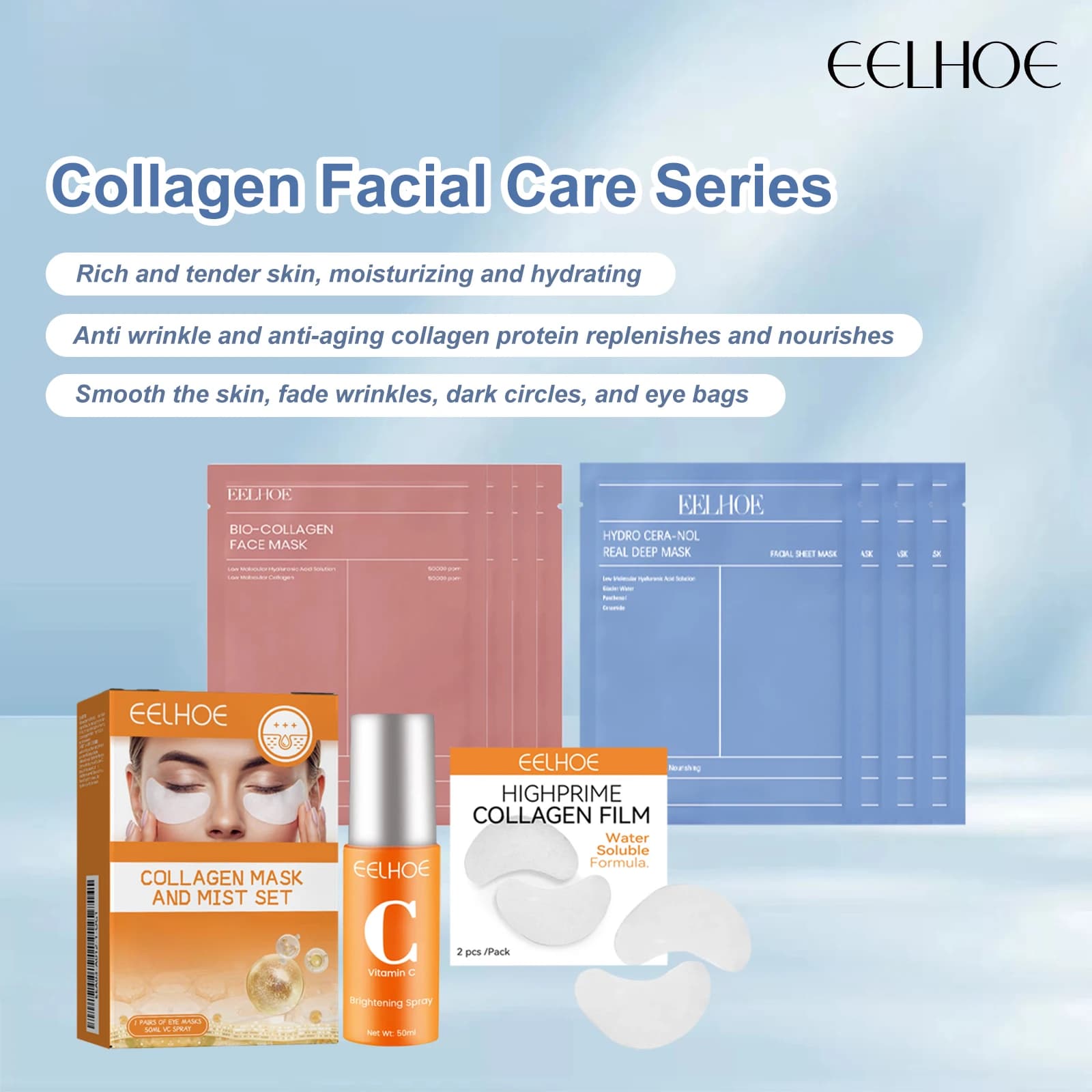 Eelhoe 4 Pieces Bio Collagen Face Mask Cream Eye Mask Reducing Hydrating Pores Rejuvenation Face Rejuvenation Update Enlighten facial skin mask