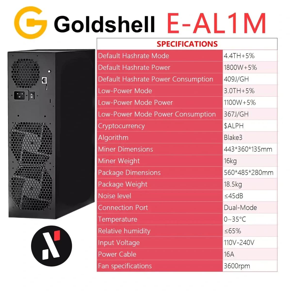 7HHJ6 COMPRA 5 RICEVI 3 GRATIS Nuovo Stock USA Miner Goldshell E-AL1M 4.4TH 1800W ALPH Nero 3 Algoritmi con Alimentatore