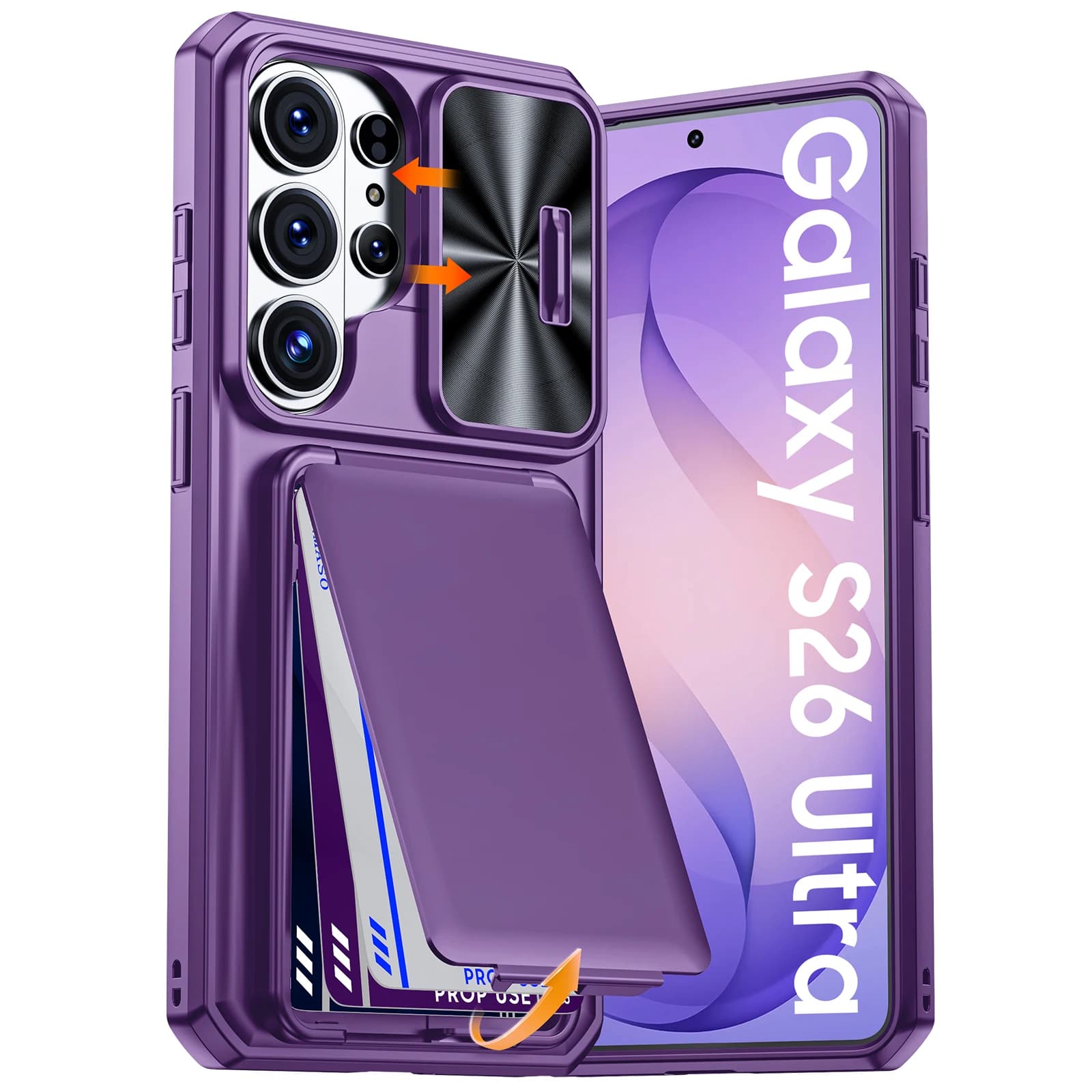 Custodia per Samsung Galaxy S26 Ultra con Porta Carte, Copri Fotocamera Scorrevole e Supporto, Anti-Caduta in PC+TPU - Viola