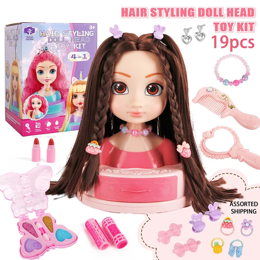 Head of Doll for Hairstyles and Makeup, Role Game, Fashion, Princess Dresses, Practice with Hairpins and Iron, Children's Fai-da-Te Tools, Beauty Salon