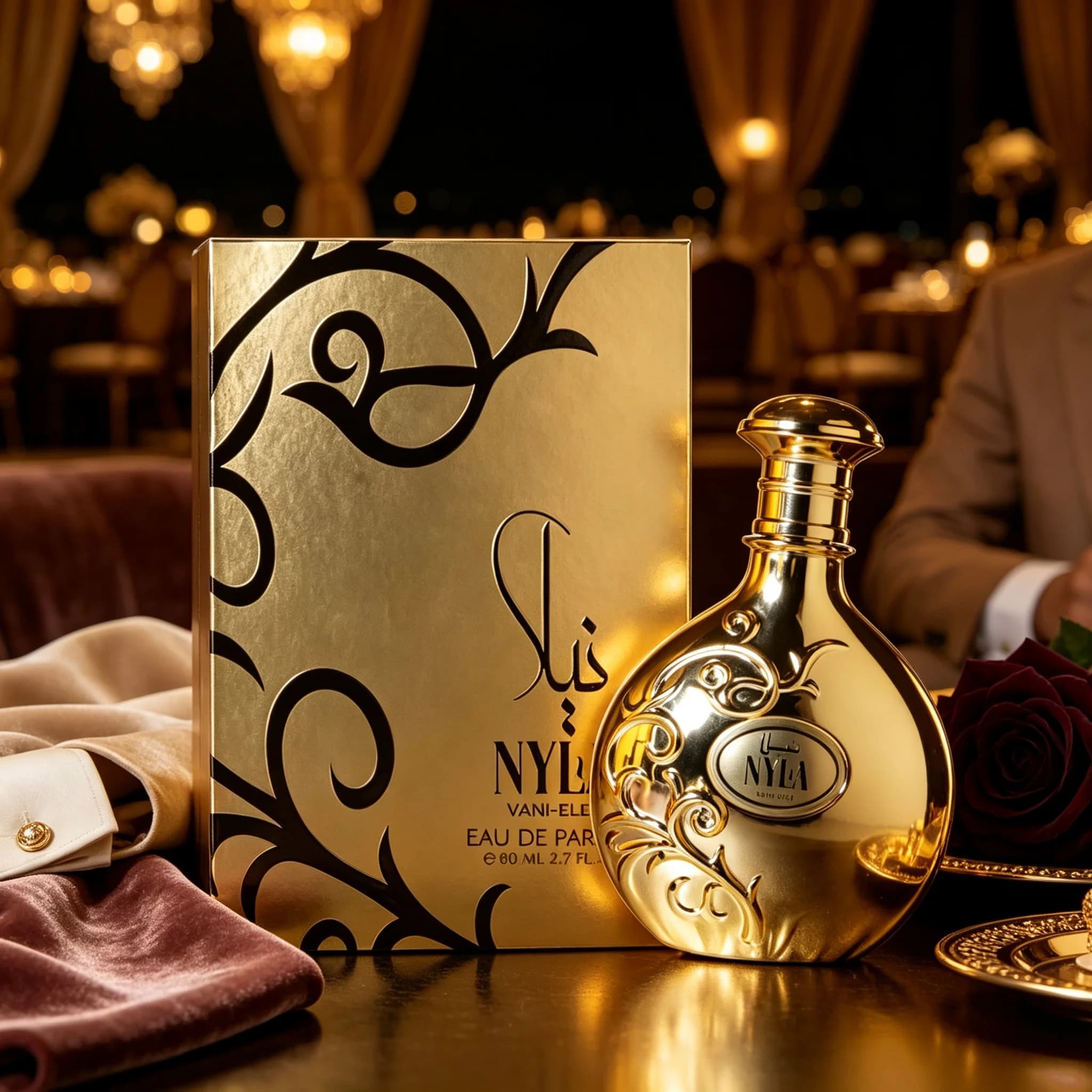 Arabiyat Prestige Nyla Women EDP Opulent Mild Rich Soft Juicy Peach White Jasmine Vanilla Musk Woody Fragrance Mirror Gold Embossed Bottle Gold Dome Cap White Gold Arabesque Box Calm Gentle Feminine Scent Spring Summer VIP Gala Holiday Gift Set