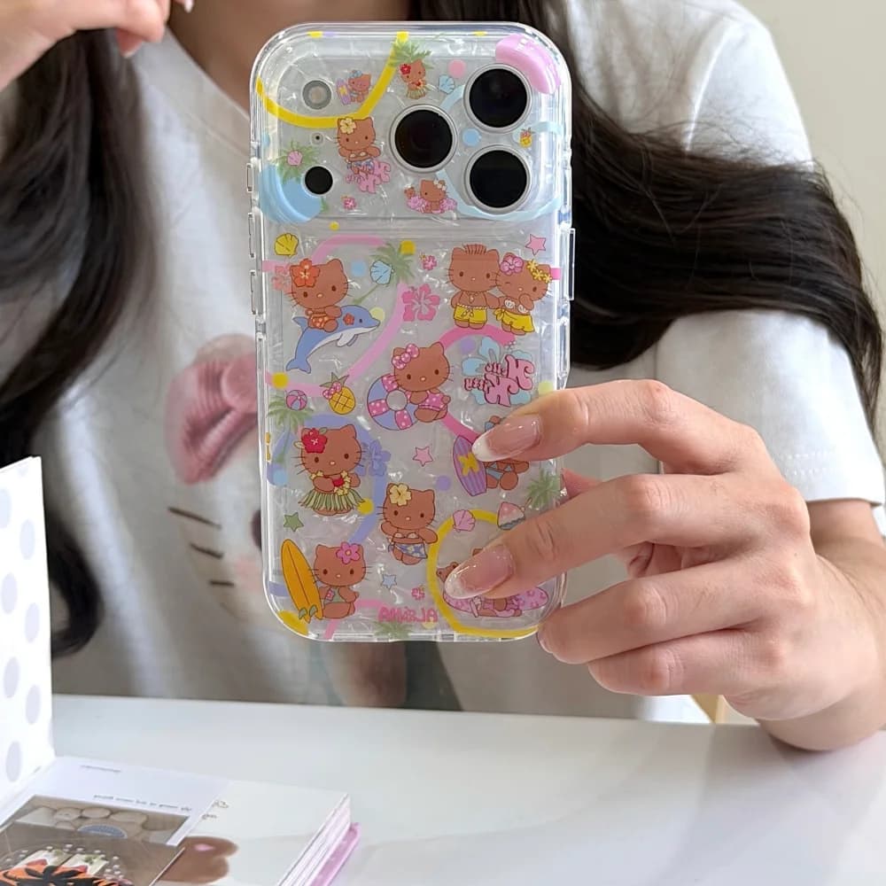 Korean INS Summer Beach Cute Kitty Shell Pattern Mobile Phone Case for iPhone 17 Pro Max 16 Max 16 15 Pro Kawaii Shockproof Case