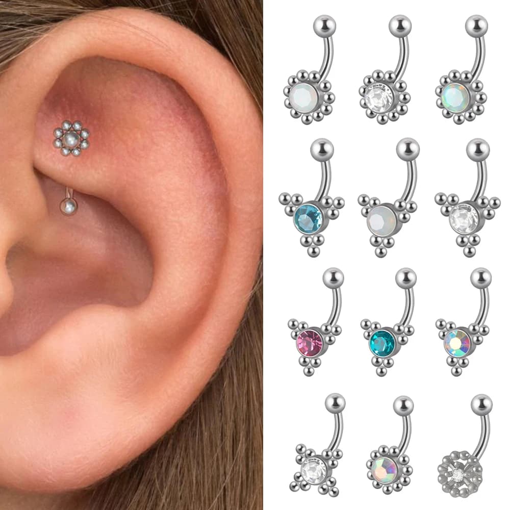 1PC G23 TItanium 16G Crystal Rook Piercing Cluster Cz Eyebrow Ring Curved Barbell Lip Ring Snug Daith Helix Rook Bar Jewelry
