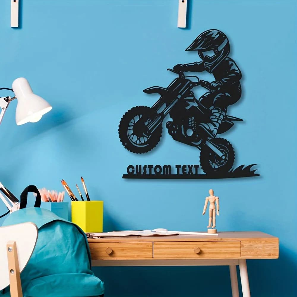 Arte Murale in Metallo Personalizzata a Tema Moto, Decorazione da Parete, Regalo Unico per Appassionati di Moto, Arte Moto Fuoristrada, Regalo di Compleanno per Figlio