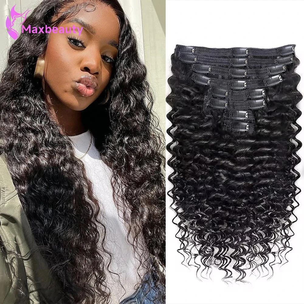 Curly Clip In Extension Human Hair Deep Curly Clip Ins Full Head For Women Brazilian Human Hair Natural Color 8Pcs With 18 Clips