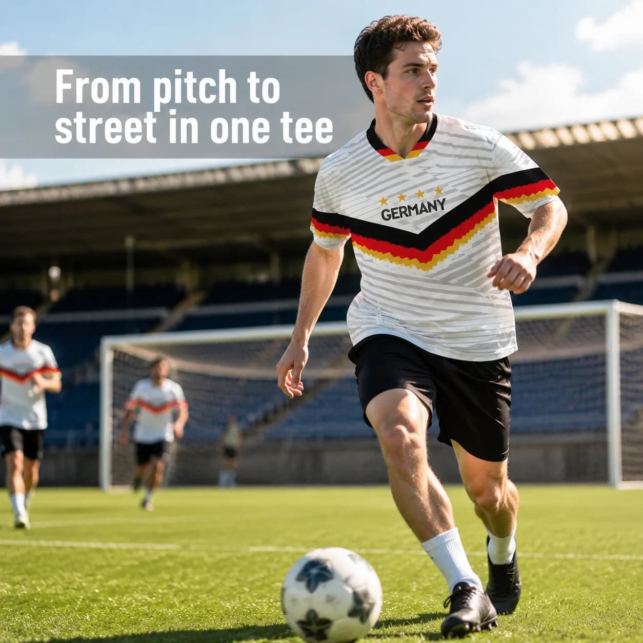 2026 German Fan Football Clothes, Four-Star Championship Logo, Multi-Color Block Stripes, Breathable Sports Fan T-shirt