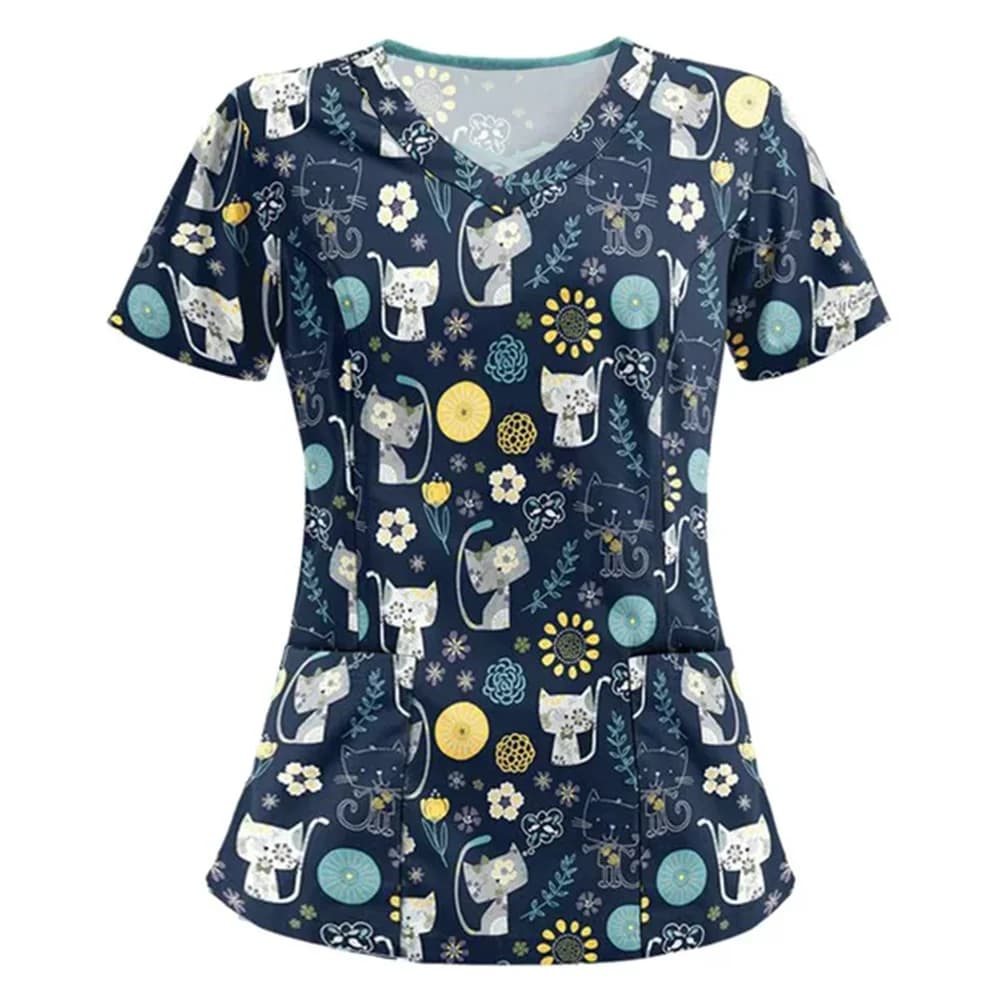 Uniforme clinica Donna Simpatico gatto Stampa Top per allattamento dentale Scollo a V Manica corta con tasca T-shirt Assistenza sanitaria Scrub medico Donna