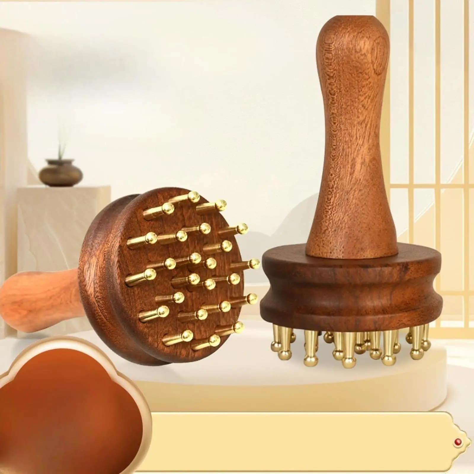 Multifunction Wood Body Massage Brush, 24 Brass Toothbrush, Guasha Massage Brush, for Salone, Office, Gift
