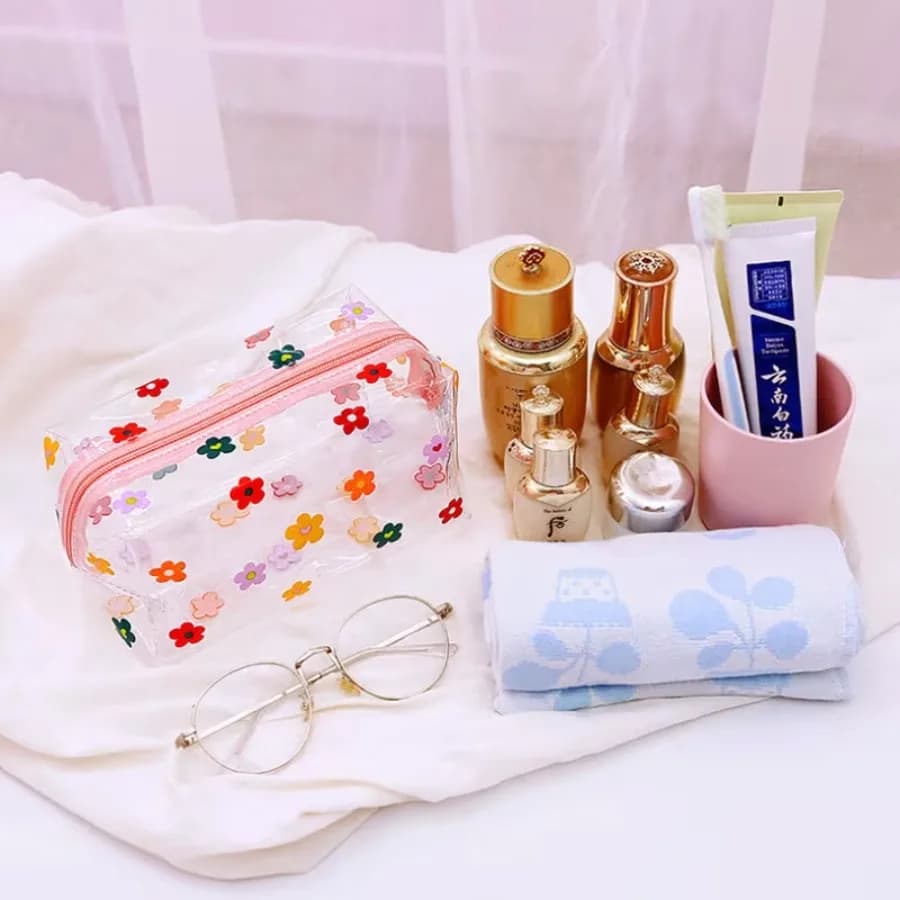 1 printed transparent cosmetic bag, portable bag, suitable for everyday use of cosmetic brushes, lipsticks, liquid foundation