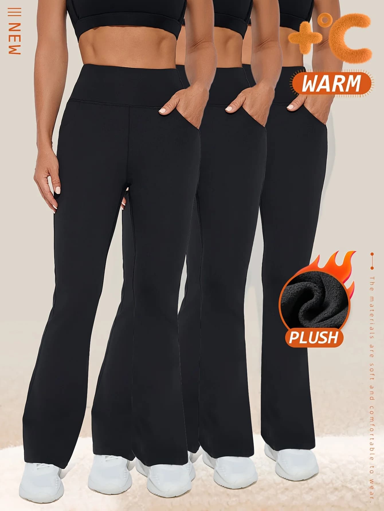 Confezione da 3 pantaloni da yoga foderati in pile a vita alta, leggings svasati dimagranti da donna con tasche, tessuto lavorato a maglia