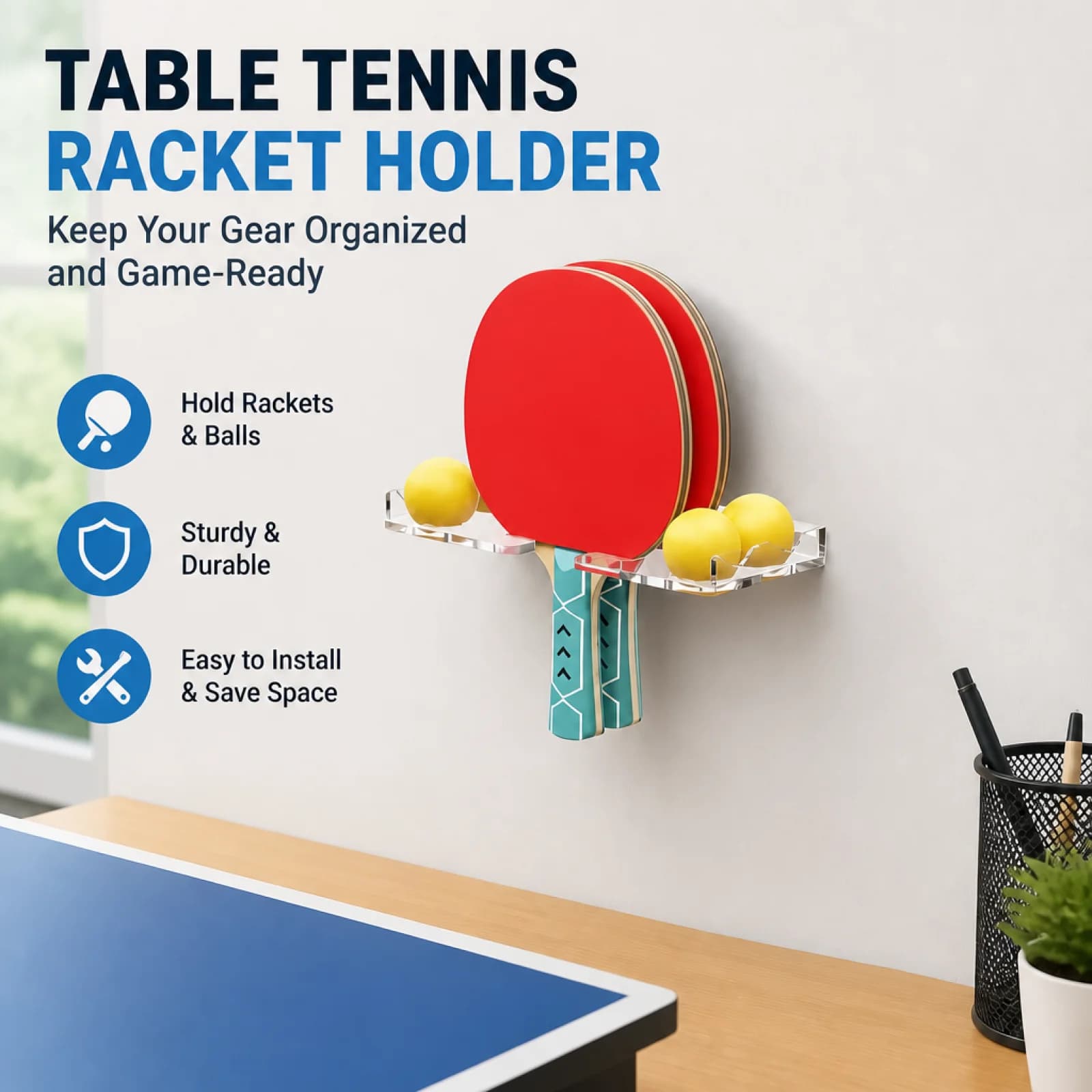 Table Tennis Ball and Paddle Organizer Transparent Table Pong Paddle and Ball Rack Curved Cutouts Clear Acrylic