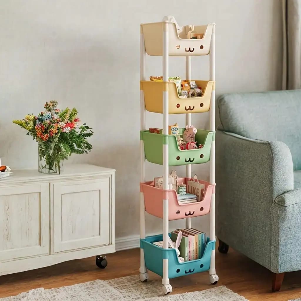 Rolling Bookshelf 5 Layer Mobile Storage Shelf Compact Organizer for Home Office Classroom Bedroom Space Saving Easy Assembly