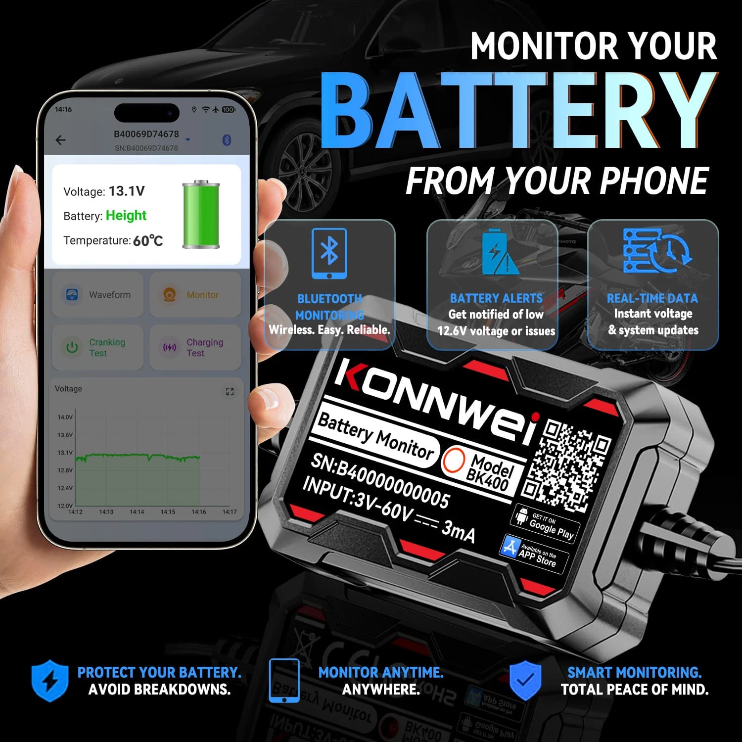 BK400 Bluetooth Car Battery Monitor 3V-60V Voltage Temperature Tester Battery Health Analyzer GPS Locator Auto Diagnostic Tool