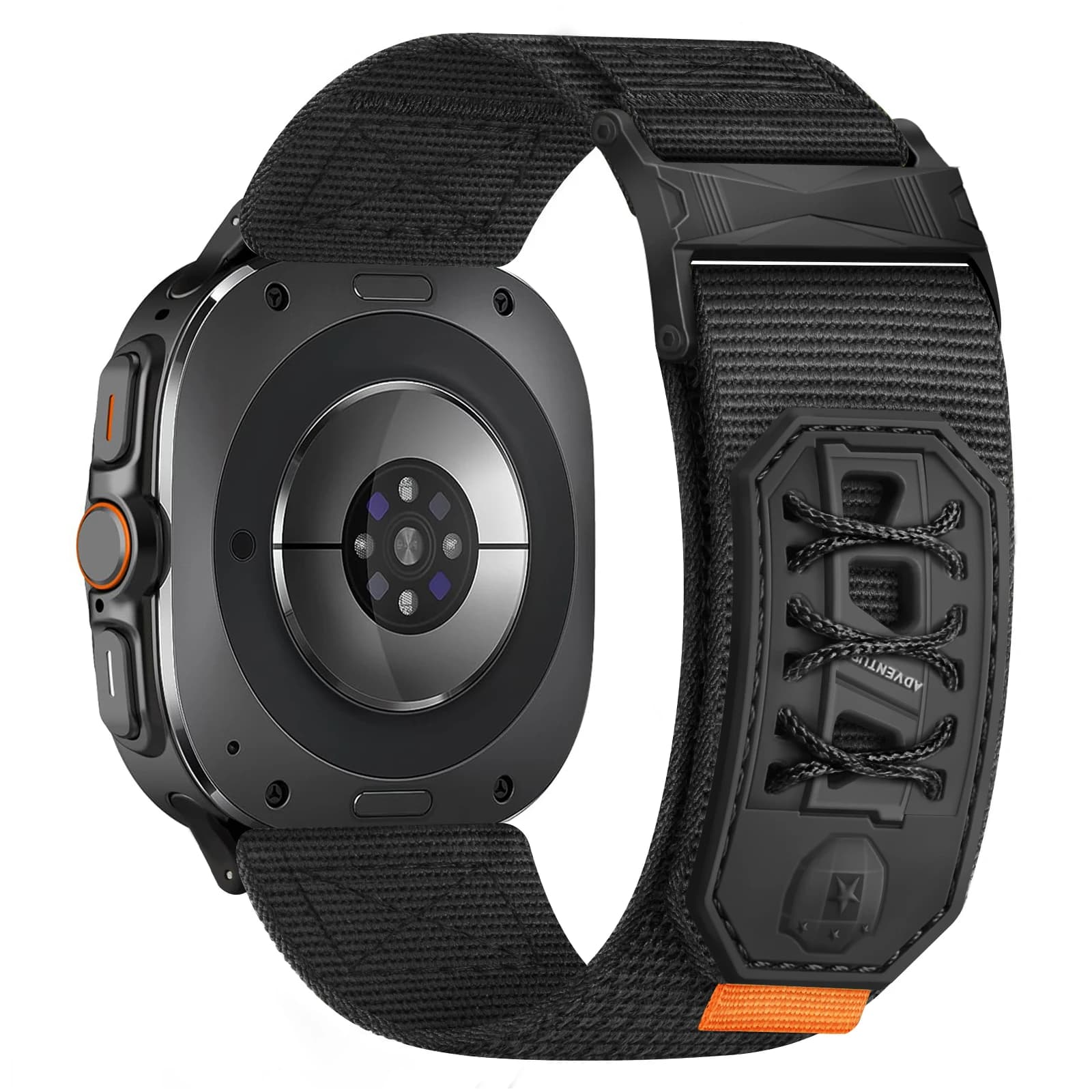 Cinturino in nylon intrecciato con fibbia in metallo e chiusura ad anello in velcro per Samsung Galaxy Watch Ultra da 47 mm.