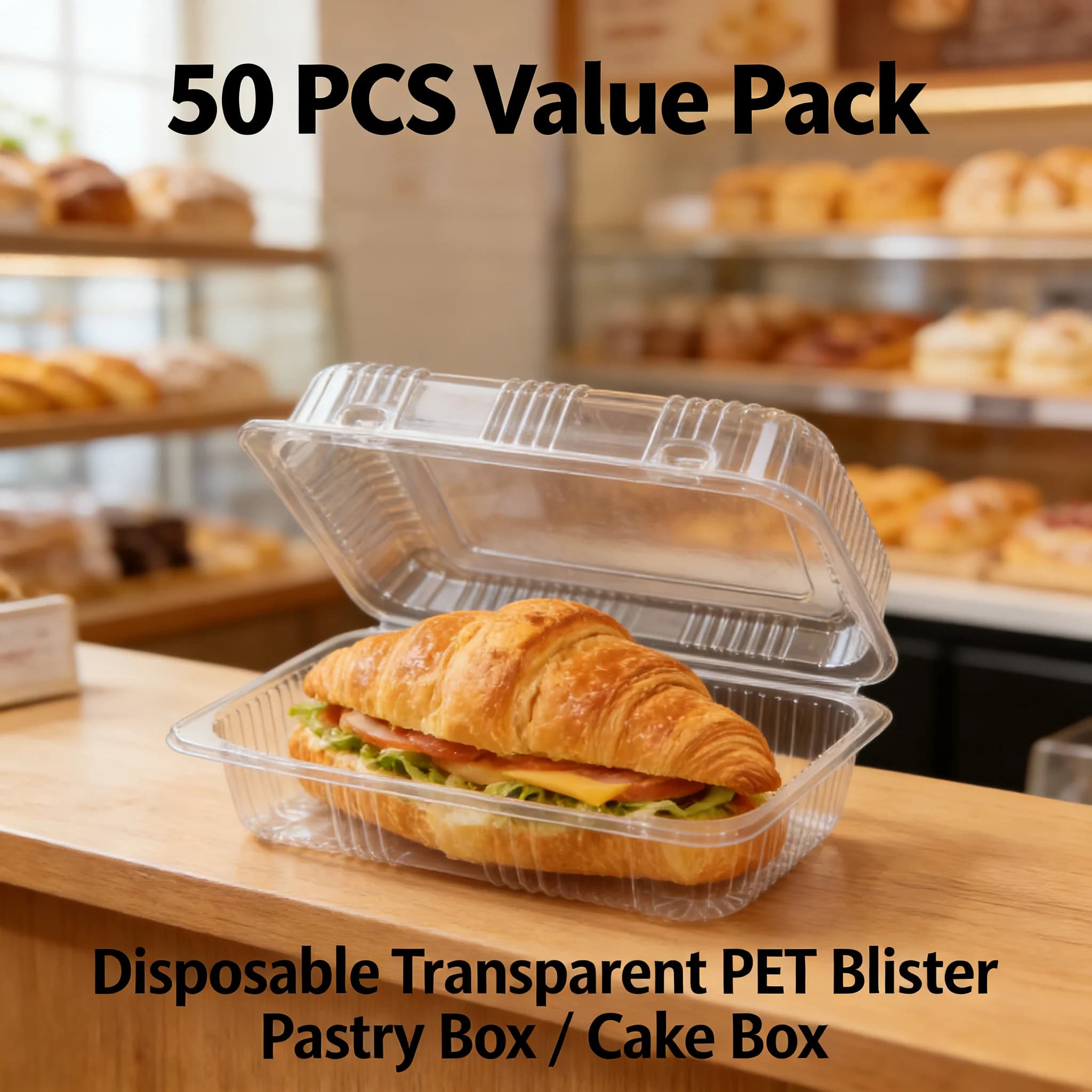 50 contenitori trasparenti in plastica PET per asporto, monouso, per alimenti, per pasticceria, torte, panini e prodotti da forno.