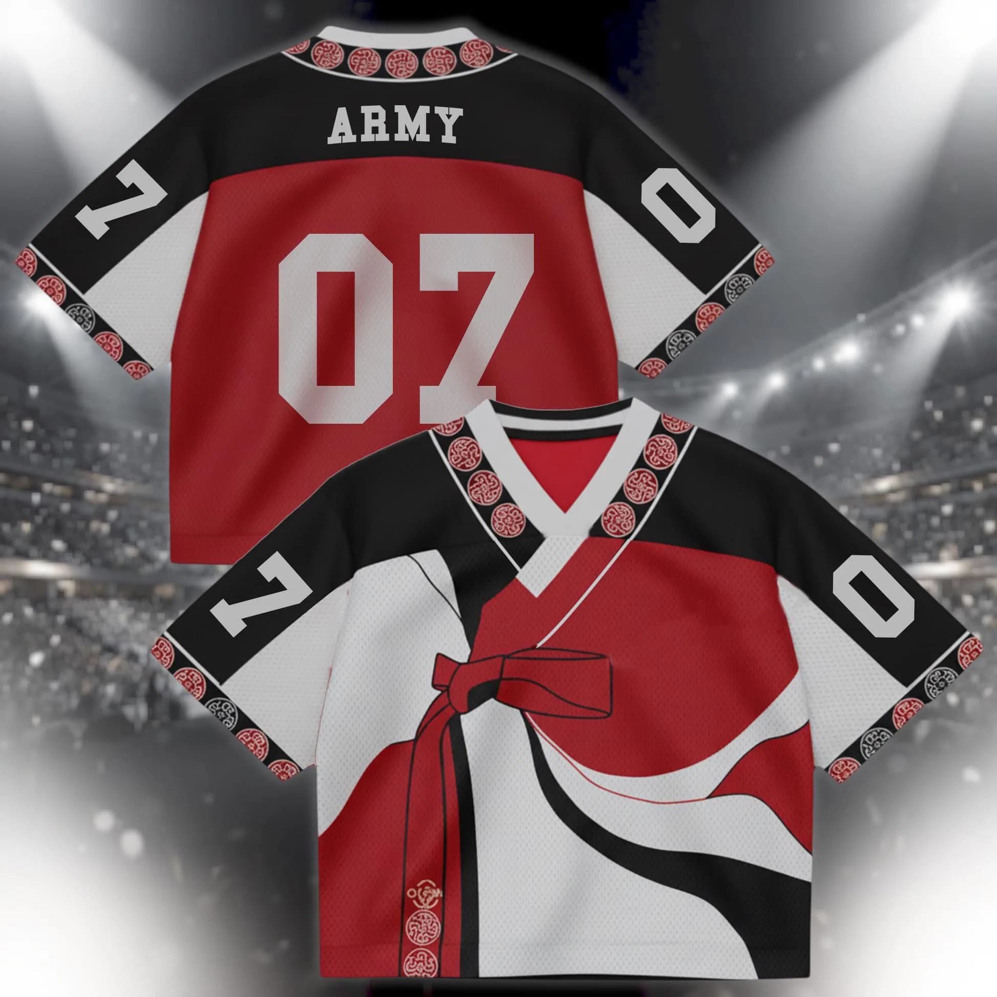 Maglia da Calcio Stile Hanbok Coreano, Maglietta Stampata con Numero ARMY 07, Scollo a V, Manica Corta, Abbigliamento Streetwear per Fan K-pop, Top Sportivo da Regalo