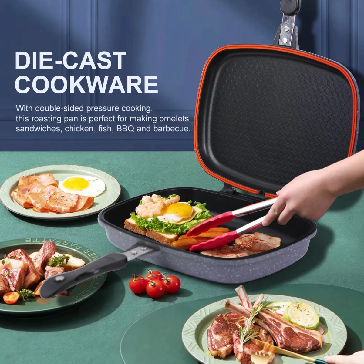 Double-sided pan, non-stick aluminium tray with heat-resistant handle, outdoor camping melet toaster panini tops