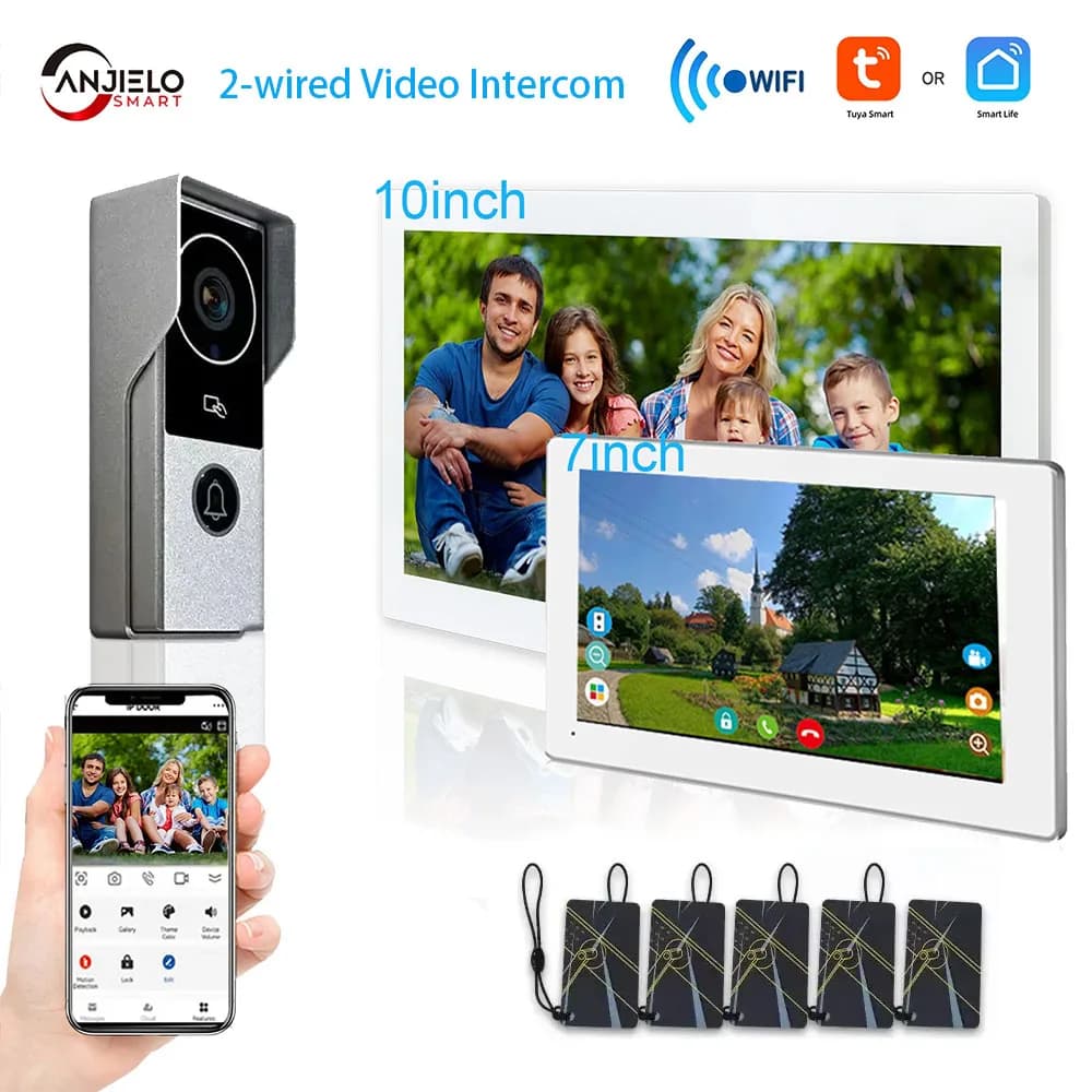ANJIELO 1080P Tuya - Videocitofono touch screen da 7 e 10 pollici a 2 fili per casa, campanello in metallo compatibile con telecamera IP e Tuya Smart