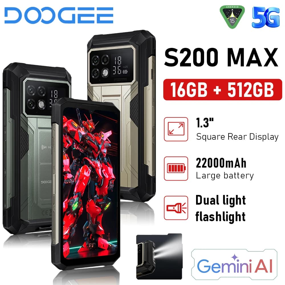 DOOGEE S200 Max Rugged Phone 6.72" 120Hz 1.32" Display Posteriore Telefono Portatile 36GB+512GB 22000mAh 66W Smartphone Android 15 NFC