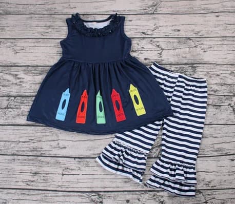 Boutique Kids Navy Pencil Back To School Sleeveless Tops Ruffle Pants Sets Fall Children Outfit Clothing